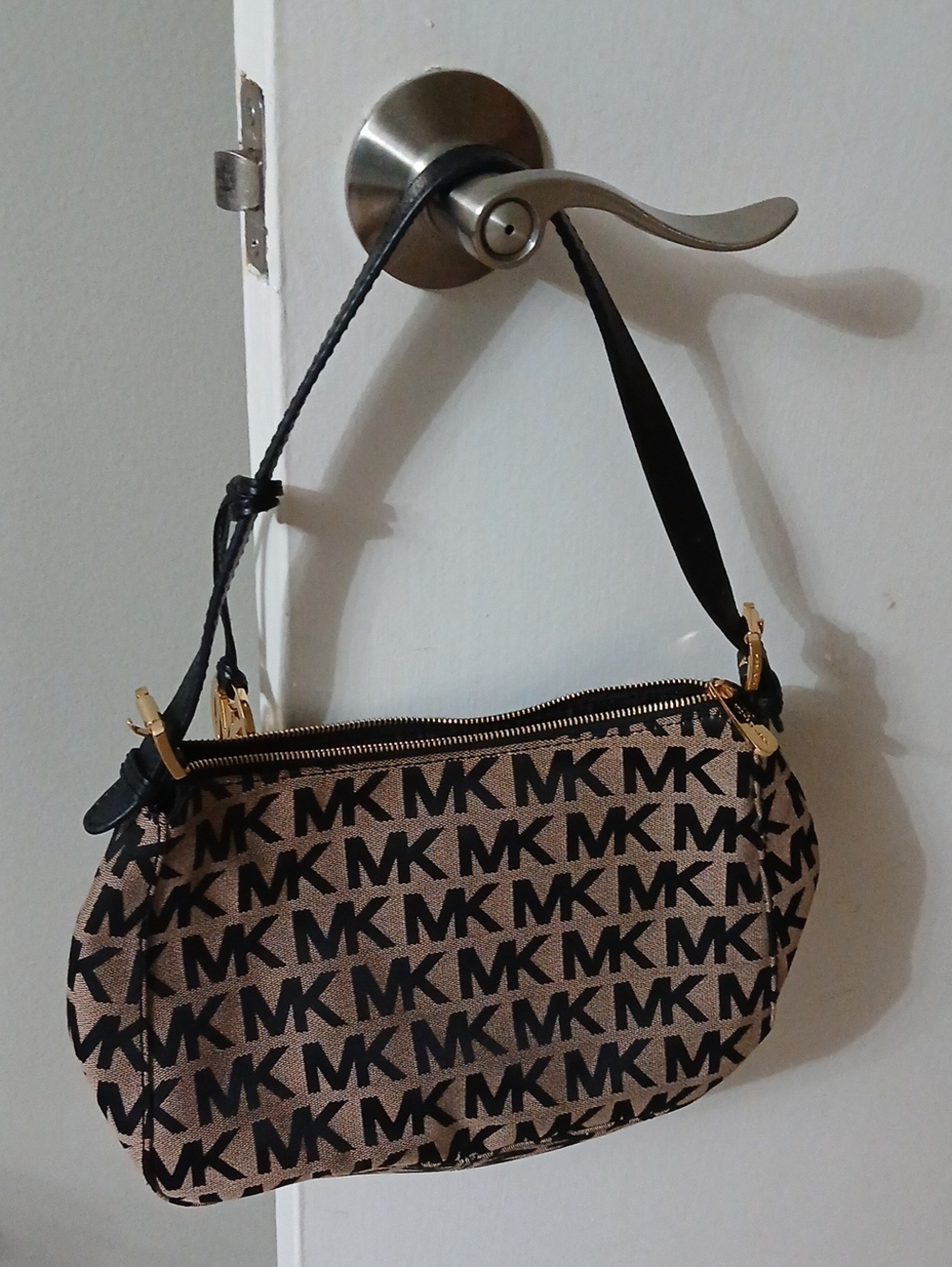 Michael Kors Beige and Black MK Logo Shoulder Bag